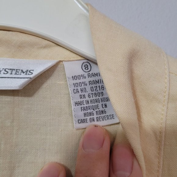 Vintage ramie three quarter sleeve button down blouse, yellow, medium - Picture 2 of 7